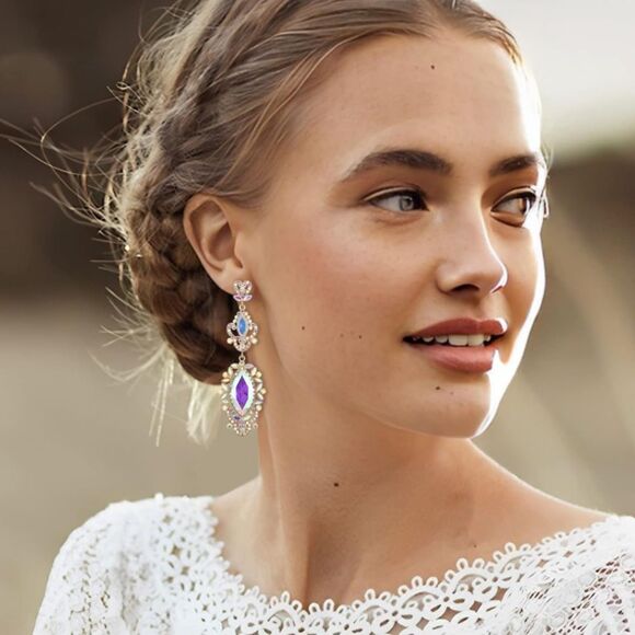 Yellow Gold with Iridescent AB Crystal Art Deco Chandelier Post Back Earrings - Picture 4 of 5